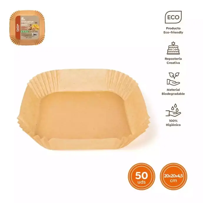 [8435557724765] 50 bandejas de papel para freidora de aire. Cuadrada 20x4cm.