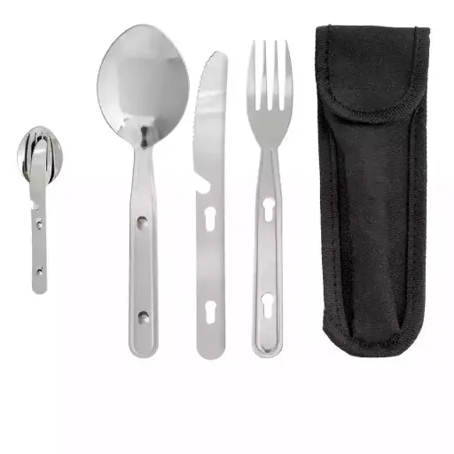 [8435450427435] Cubiertos Camping Acero Inoxidable 3 Piezas Con Funda Nylon